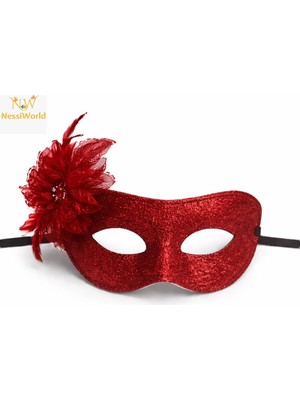 NW NessiWorld Kırmızı Simli Tüylü Balo Maskesi – Kadın Parti &amp; Maskeli Balo Maskesi