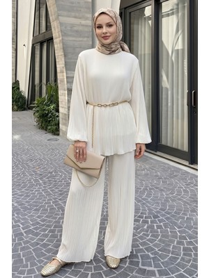 inStyle Bol Pantolonlu Piliseli Şifon Krem Takım