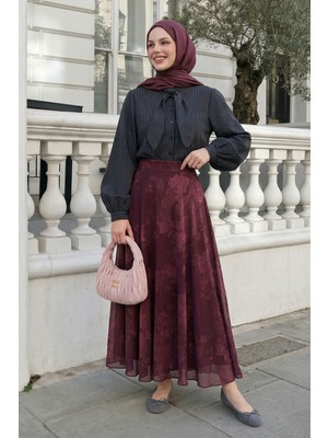 inStyle Kloş Soft Çiçekli Bordo Şifon Etek