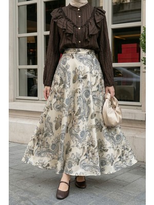 inStyle Paisley Desen Şifon Saten Etek Haki