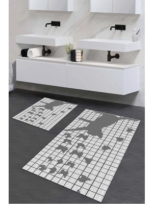 PremiumPort Yıkanabilir Kaymaz Kedi Desenli Banyo Paspası 2'li Set