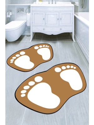 PremiumPort Dijital Baskılı Ayak Izi Desenli Banyo Paspas Takımı, Şık ve Fonksiyonel