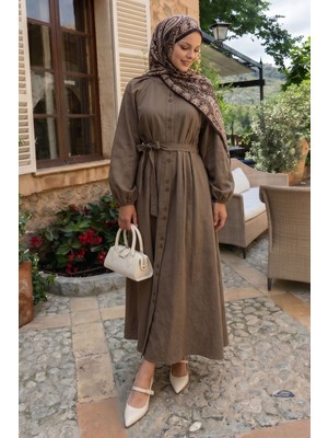 inStyle Düğmeli Nervürlü Kuşaklı Keten Sütlü Kahve Elbise