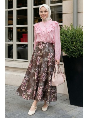 inStyle Paisley Desen Şifon Saten Etek Kahverengi