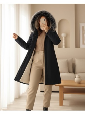 Moda Morfo Çıkma Kapşonlu Çıtçıtlı Cepli Kısa Kaban -Siyah