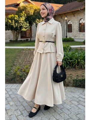 inStyle Ince Kemerli Gömlek Etek Bej Duble Takım