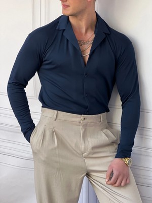 Modefendicom Yaka Katlamalı Triko Kumaş Gömlek