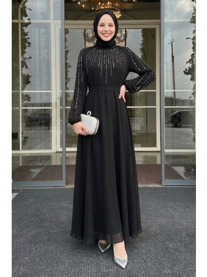inStyle Yakası Kolları Taşlı Siyah Abiye