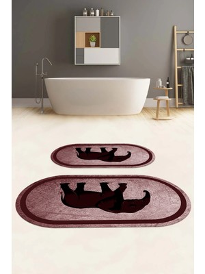 PremiumPort Yıkanabilir Kaymaz Taban Fil Figürlü Oval Banyo Paspası Klozet Takımı