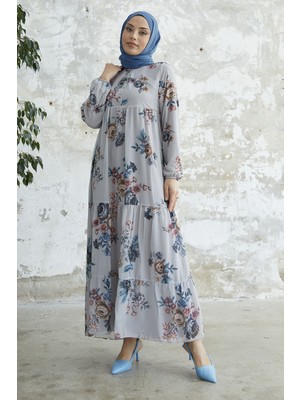 inStyle Yakası Bağcıklı Çiçekli Gri Şifon Elbise