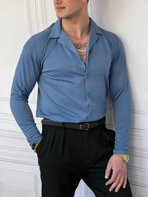 Modefendicom Yaka Katlamalı Triko Kumaş Gömlek