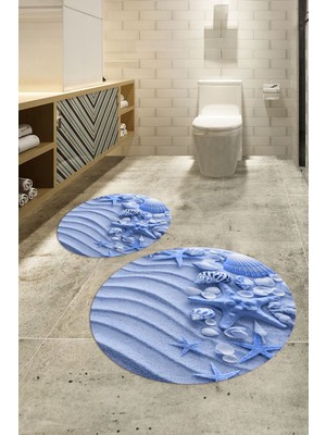PremiumPort 3D Dijital Baskılı Kaymaz Taban Yuvarlak Banyo Takımı Mavi