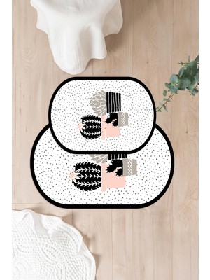 PremiumPort Modern Kaktüs Desenli Dijital Yıkanabilir Oval Banyo Paspası Seti