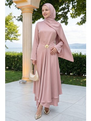 inStyle Eteği Allerli Broşlu Pudra Saten Elbise