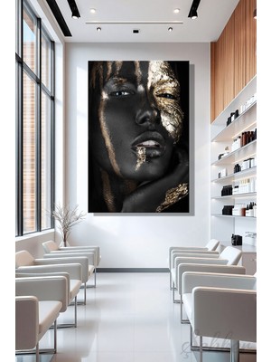 Şehber Dekoratif Dikey Kanvas Tablo Tekli Kuaför Güzellik Salonu Makyaj Nail Art Gold Efekt Kadın Portre