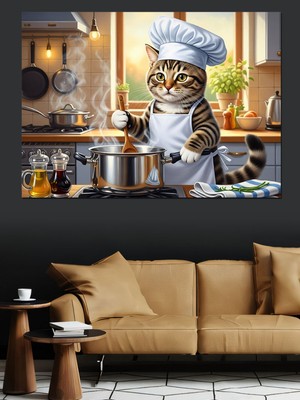 Özgürce Yemek Pişiren Aşçı Kedi Dekoratif Kanvas ve Mdf Ahşap Tablo
