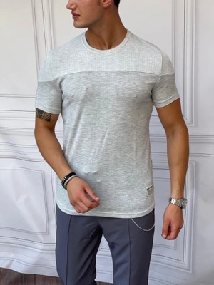 Modefendicom Çift Renk Parçalı Detaylı Pamuk Örme Slimfit Tshırt