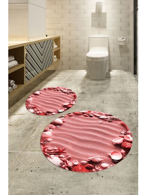 PremiumPort 3D Dijital Baskılı Kaymaz Taban Yuvarlak Banyo Takımı, Yıkanabilir