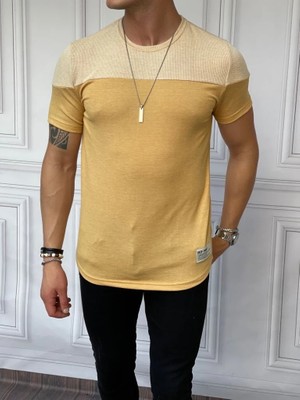 Modefendicom Çift Renk Parçalı Detaylı Pamuk Örme Slimfit Tshırt
