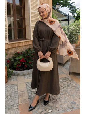 inStyle Düğmeli Nervürlü Kuşaklı Keten Kahverengi Elbise