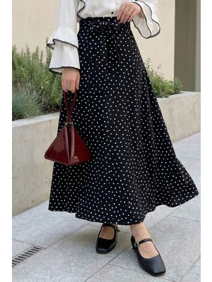 inStyle Yüksek Bel Kuşaklı Puantiyeli Siyah Etek