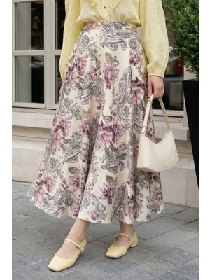 inStyle Paisley Desen Şifon Saten Etek Pudra