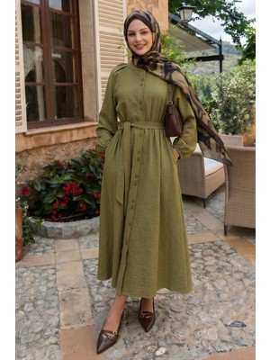 inStyle Düğmeli Nervürlü Kuşaklı Keten Yağ Yeşili Elbise