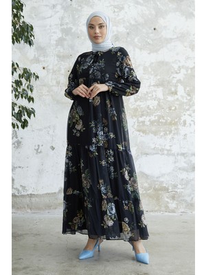 inStyle Yakası Bağcıklı Çiçekli Siyah Şifon Elbise