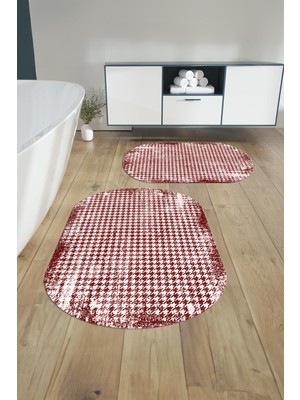 PremiumPort Dijital Yıkanabilir Kare Desenli Oval Banyo Paspası ve Klozet Takımı