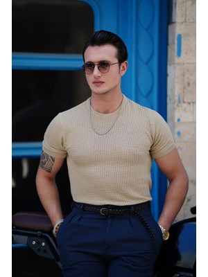 Modefendicom Yuvarlak Yaka Örme Detaylı Pamuk Yapılı Slim Fit Tshirt