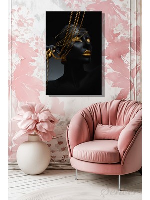 Şehber Dekoratif Dikey Kanvas Tablo Tekli Kuaför Güzellik Salonu Makyaj Nail Art Gold Efekt Kadın Portre