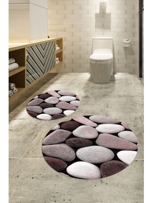 PremiumPort Yıkanabilir 3D Dijital Baskılı Kaymaz Taban Yuvarlak Banyo Takımı