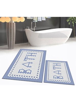 PremiumPort Yıkanabilir Dijital Baskılı Kaymaz Taban Ikili Banyo Paspas Takımı