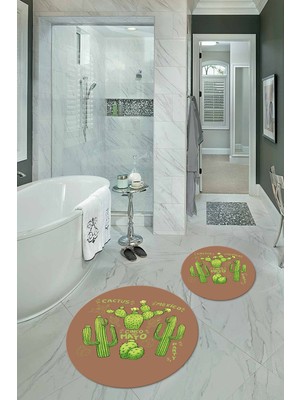 PremiumPort Yıkanabilir, Kaymaz, Dijital Baskılı, Kaktüs Desenli, Yuvarlak Banyo Takımı