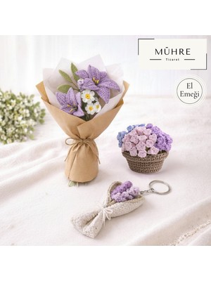 Mühre Anneye Hediye El Emeği Örgü Buket 3lü Bardak Altlığı Mini Anahtarlık Set Hediye Seti