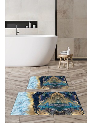 PremiumPort Yıkanabilir Mermer Desenli Dijital Banyo Paspası 2'li Klozet Takımı