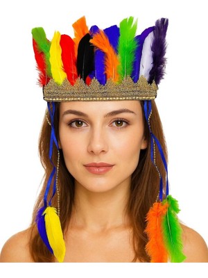 NW NessiWorld Rengarenk Tüylerle Işlenmiş Lastikli Kızılderili Başlığı