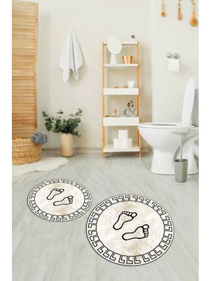 PremiumPort Yıkanabilir Dijital Baskılı Kaymaz Taban Ayak Desenli Yuvarlak Banyo Takımı