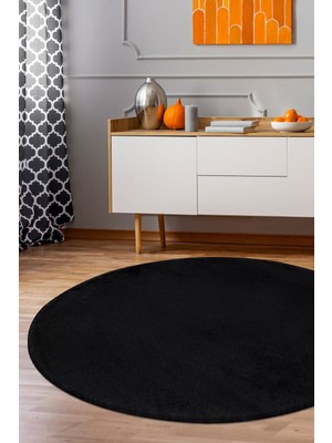 PremiumPort Siyah Yuvarlak Post Dokuma Halı, Peluş ve Kaymaz, Antibakteriyel, Yumuşak