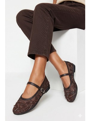 Nmoda File Nakış ve Boncuk Detaylı Yuvarlak Burun Lüks Kadın Babet