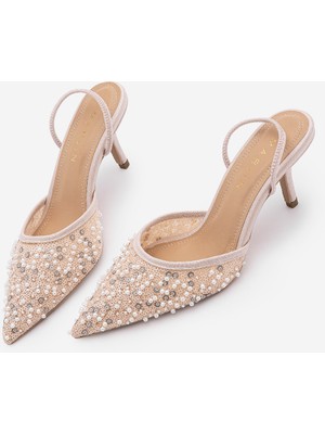 Marjin Kadın Stiletto Pullu Boncuklu Işlemeli Fileli Lastikli Klasik Topuklu Ayakkabı Torliza Pudra Saten