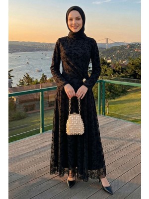 inStyle Belden Tokalı Flok Tül Elbise Siyah