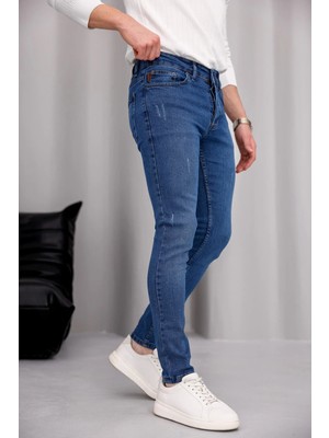 Modamesto Erkek Mavi Slim Fit Likralı Dar Paça Lazerli Kot Pantolon