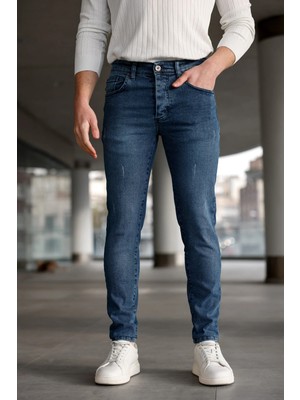 Modamesto Erkek Mavi Slim Fit Likralı Dar Paça Lazerli Kot Pantolon