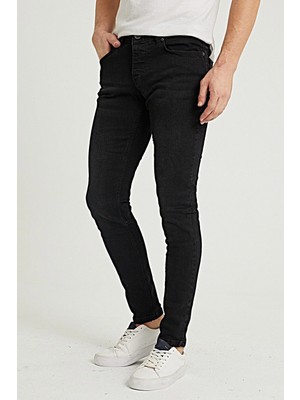 Modamesto Erkek Siyah Kimyasallı Slim Fit Likralı Dar Paça Kot Pantolon