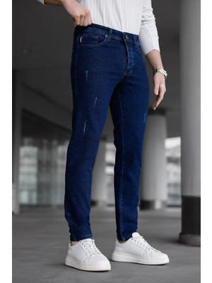 Modamesto Erkek Lacivert Slim Fit Likralı Dar Paça Lazerli Kot Pantolon