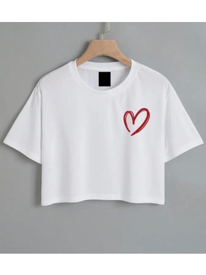Nıgrum Pardus Özel Üretim Minik Kalp Baskılı %100 Pamuk Kız Çocuk Crop T-Shirt