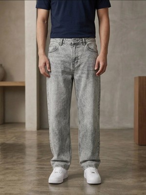 Modamesto Erkek Gri Baggy Fit Geniş Kesim Jean Pantolon