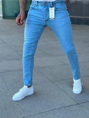 Modamesto Erkek Buz Mavi Slim Fit Likralı Jean Pantolon