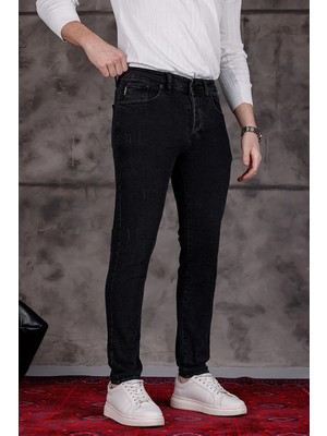 Modamesto Erkek Antrasit Slim Fit Likralı Dar Paça Lazerli Kot Pantolon